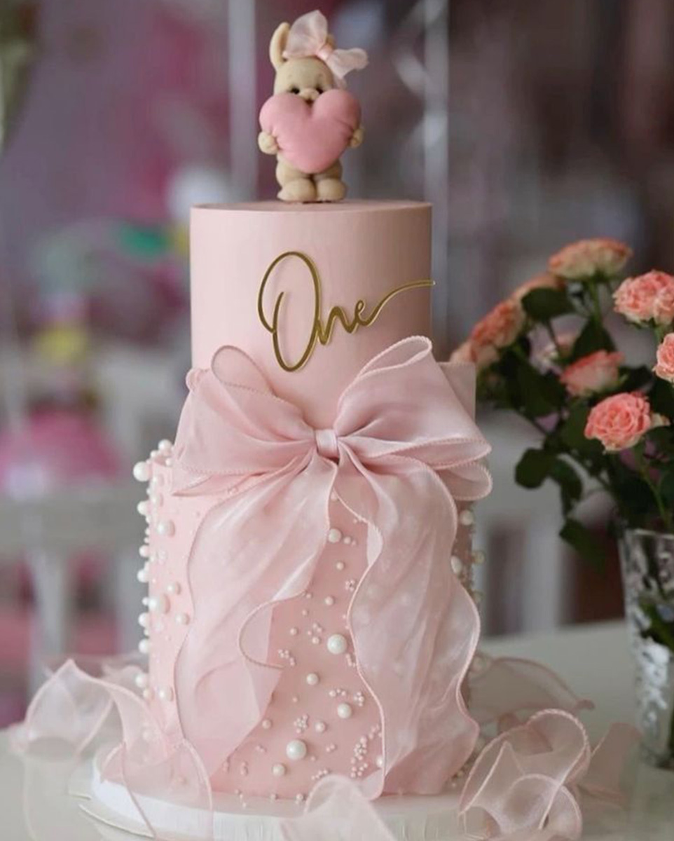 Pink Designer Cake with Bow and Bunny 1 Pink Designer Cake with Bow and Bunny