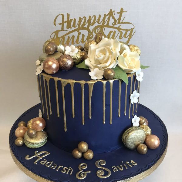 Royal Blue Anniversary Cake With Gold Drip