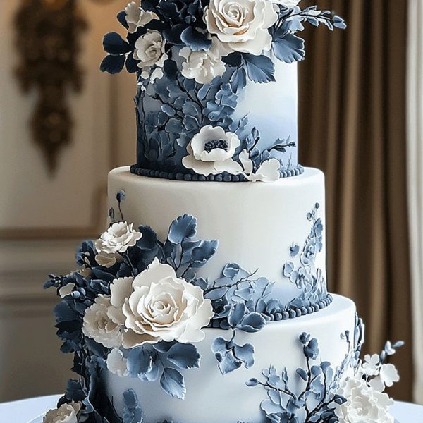 White and Blue Floral Theme Cake