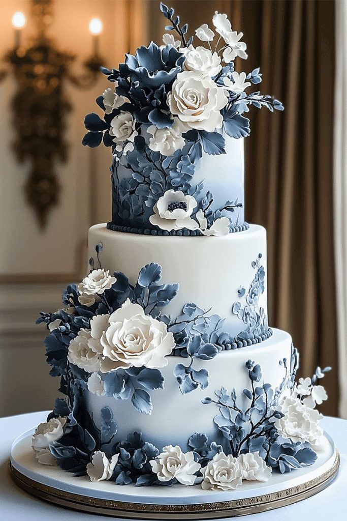 White and Blue Floral Theme Cake