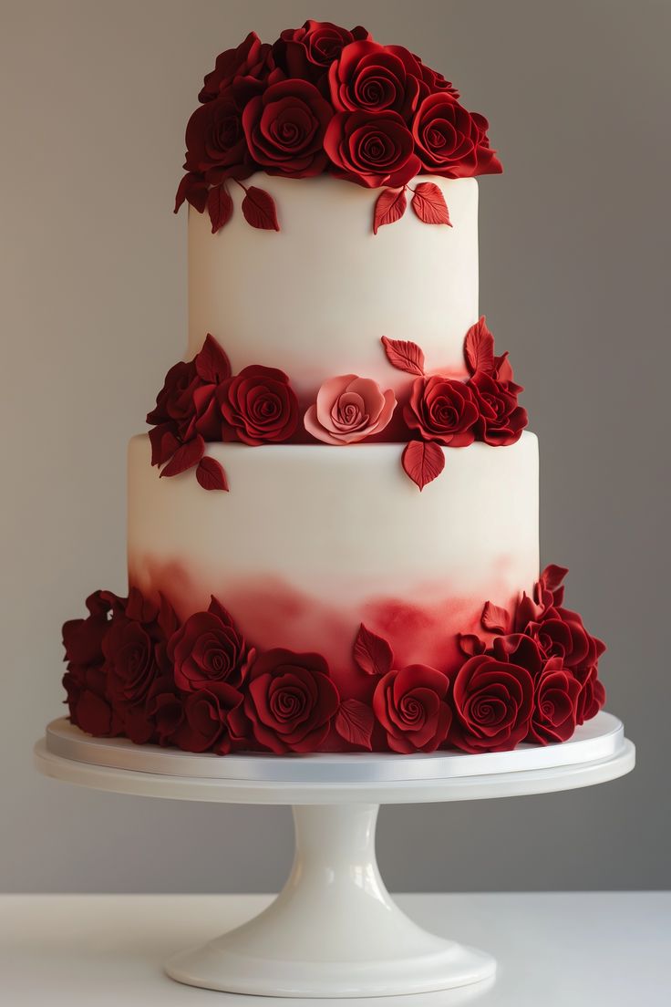 Wedding Cake Decorated With Red Roses Wedding Cake Decorated With Red Roses - Image 1