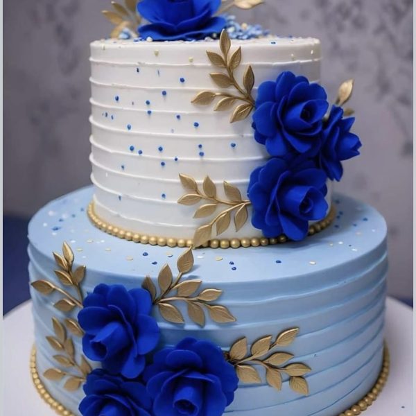 Blue Flowers With Golden Leaves Birthday Cake